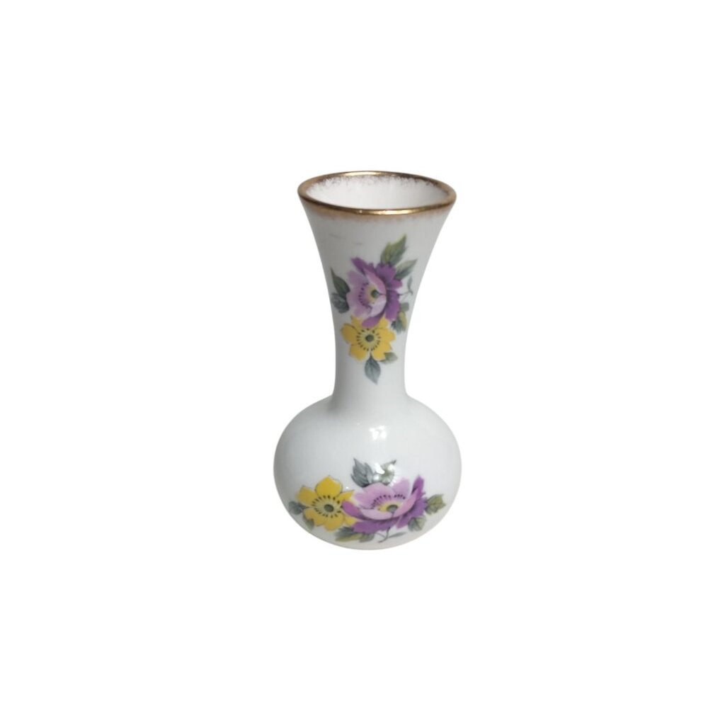 Vintage Royal Stuart Bone China Yellow/Purple Spring Flowers 4.5 Bud Vase-Eng.